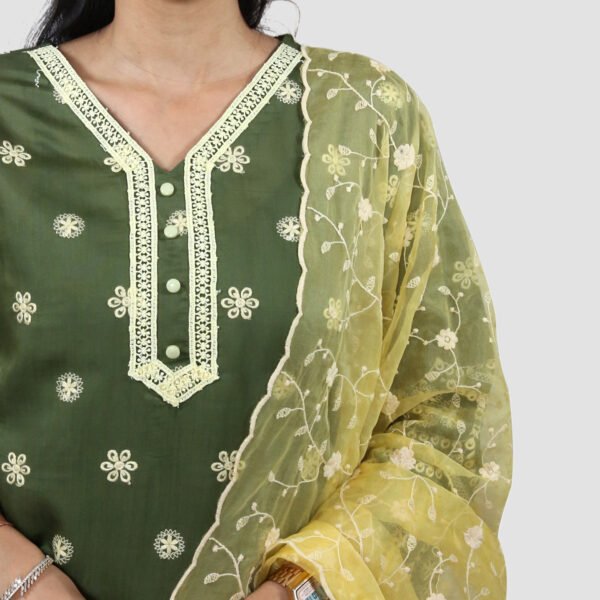 Viscose Silk Kurta Set with Organza Dupatta -Green - Image 2