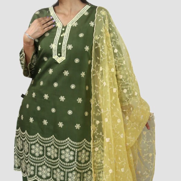 Viscose Silk Kurta Set with Organza Dupatta -Green