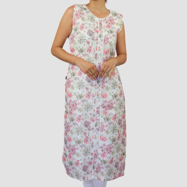 Floral Print A-Line Kurta: White & Pink - Image 3