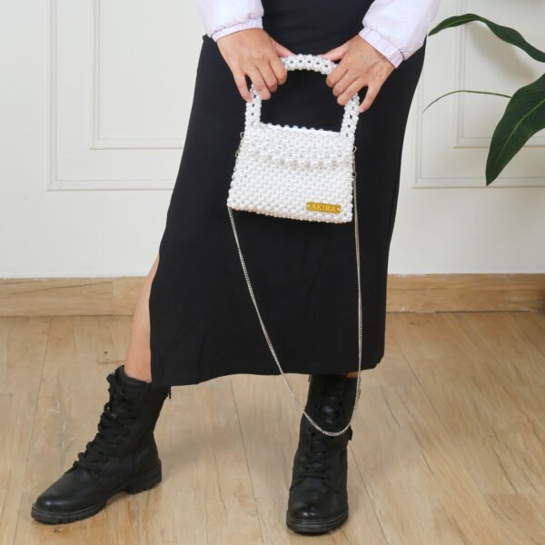 White Velvet Pearl Handbag - Image 3