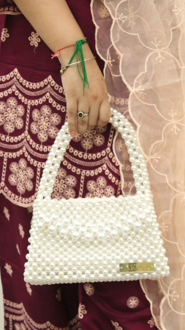 White Velvet Pearl Handbag - Image 7